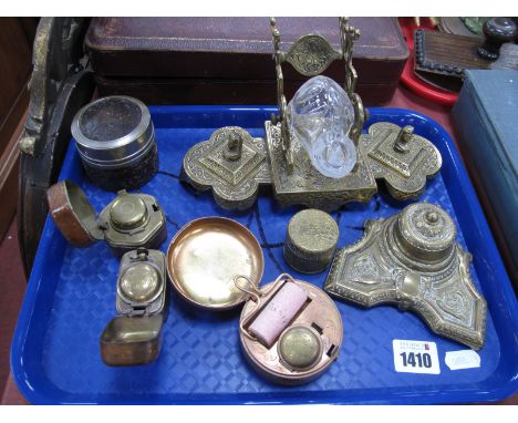 Inkwells, hexagonal, leather covered, circular with roller, brass desk stand, etc:- One Tray.
