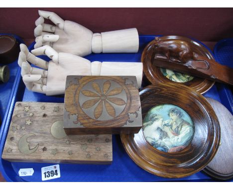 Articulated Wooden Hands, mouse door stop, prints, boxes:- One Tray.