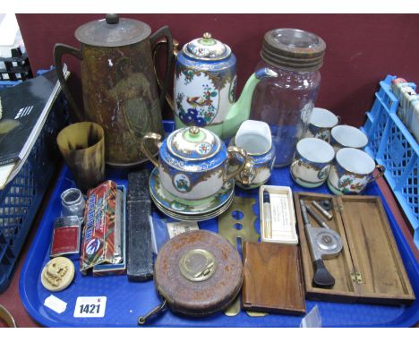 Chesterman Rule, Macfarlane Lang tin, razor, button cleaner, harmonica, coffee ware, Forster jar, dove brooch, etc:- One Tray