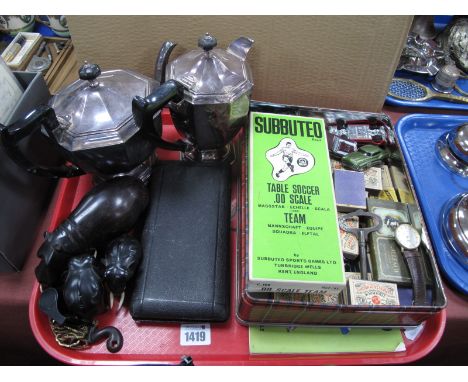 Silver Plated Tea and Coffee Pots. Subbuteo, match boxes, geometry set, etc:- One Tray.