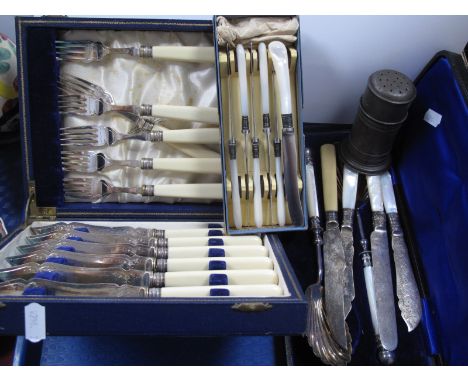 Mother of Pearl Handled Plated Serving Spoons, similar Harrison &amp; Howson butter knives (both cased), other cutlery, peppe