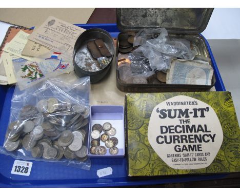Coinage - British Copper, including Farthings, four Shillings of Pre 1947 Silver, World Coins, banknotes, fuel ration book, m