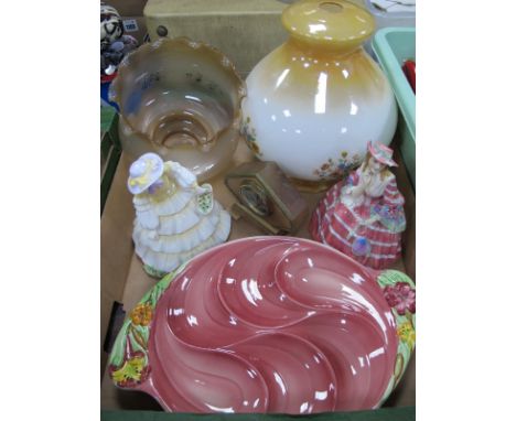 Doulton 'Herminia' Figure (2nd quality), Coalport 'Strawberry Fayre', shorter hors d'Oeuvres. Two light shades, Art Deco alab