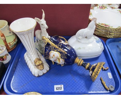 Royal Copenhagen Leaping Stag and Cockerel Topped Box, Coalport cornucopia vase and three handled vase, all damaged:- One Tra