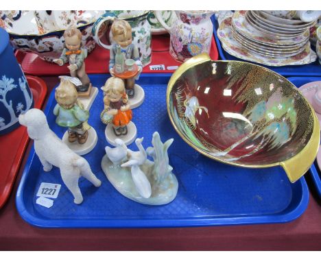 Carlton Ware Lustre Bowl (damaged), Aynsley Poodle four Hummel figures, Nao geese group.