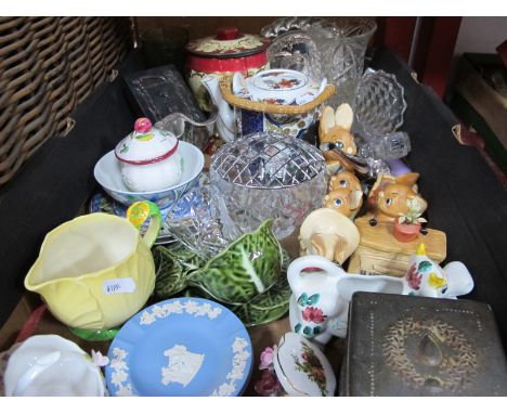 Art Nouveau Pin Tin, buttons in tin, Wedgwood Pendelfin, Carlton, glassware, candlesticks etc:- One Box.