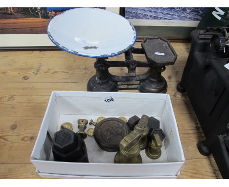 Vintage Kitchen Scales, together with brass bell weights, and other weights.