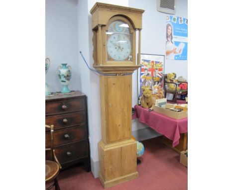 A XVIII Century Pine Eight Day White Dial Long Case Clock, G Blethyn Tun Pembrokshire. hood with a dentil cornice, arched doo