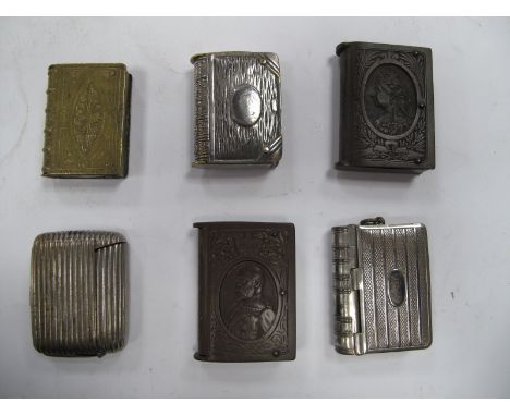 Vesta Cases, brass, silver plated, Bakelite Commemorating Edward 7th and Queen Victoria, ribbed. (6)