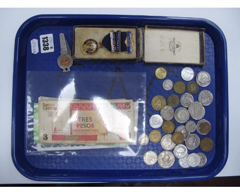 A Collection of Foreign Coins and Banknotes, includes Cuba, Sri Lanka, Spain etc, together with a 1934 enamel medal.