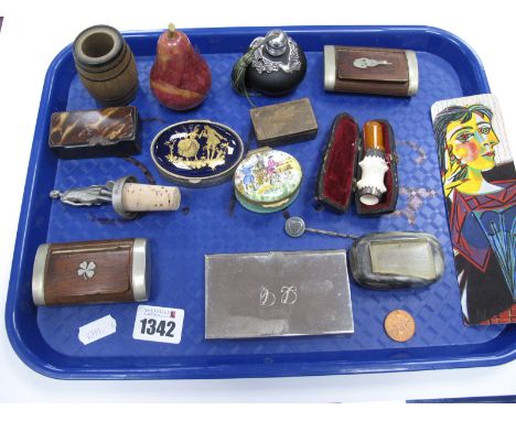 Snuff Boxes, pear paperweight, enamel patch box, bottle stopper, etc:- One Tray