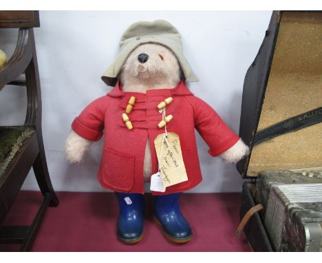 A Paddington Bear Soft Toy, wearing Dunlop Blue '20' Wellingtons.