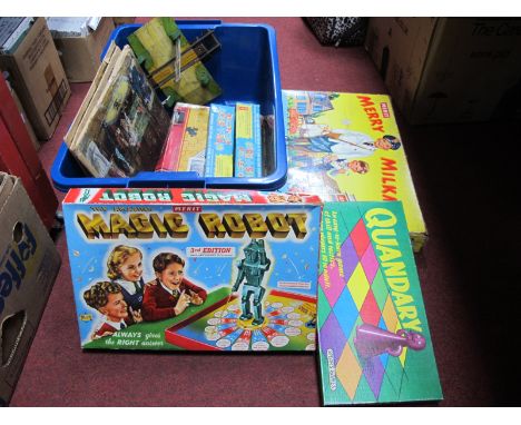 Jigsaws, Chad Valley 'Give a Show' Projector slides, Merry Milkman, other games, Hornby tinplate railway crossing.