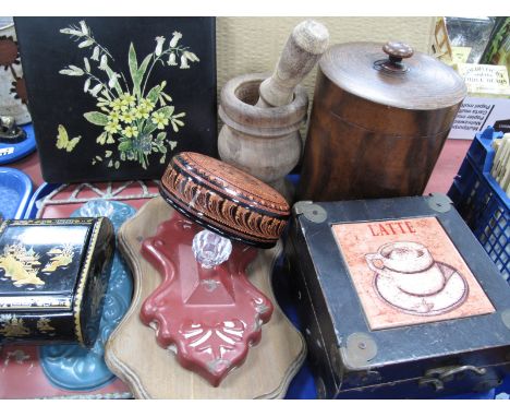 XIX Century Lacquer Snuff Box, a black lacquer box with hand paintd flowers, Chinese decorated box, pestle and mortar etc :- 
