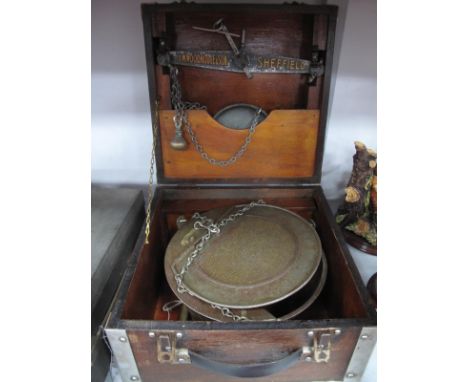 Fish Scales by J.W Woodhouse of Sheffield, in aluminium bound wooden carry box, 34.5cm wide.
