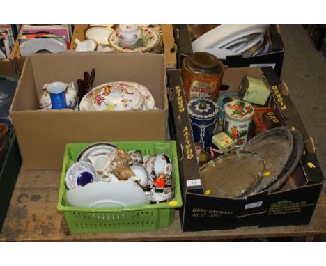 A TRAY OF METALWARE TO INC VINTAGE TINS TOGETHER WITH TWO TRAYS OF CHINA & CERAMICS TO INC A ROYAL DOULTON BUNNYKINS FIGURE