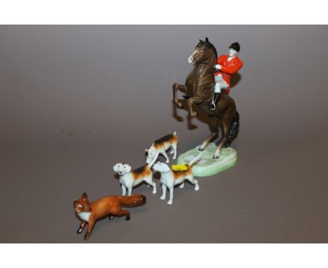 A BESWICK HUNTING SCENE CONSISTING OF REARING HUNTSMAN, FOX & THREE HOUNDS A/F