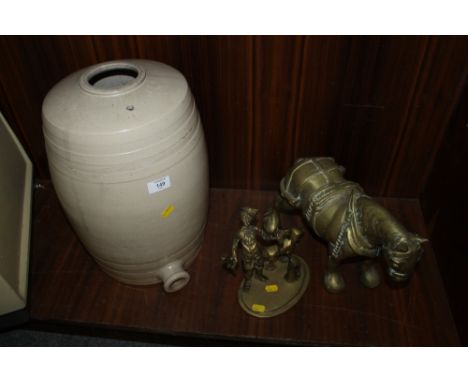 A BRASS STYLE SHIRE HORSE, CERAMIC BARREL ETC