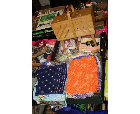 TWO TRAYS OF TEXTILES & KNITWARE TO INC A SEWING BOX & CONTENTS