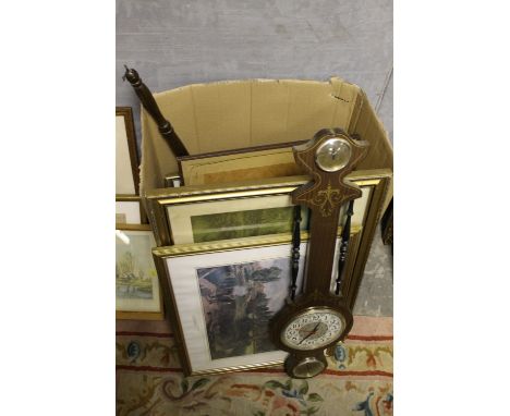 A BOX OF PICTURES & PRINTS ETC TO INC A BAROMETER