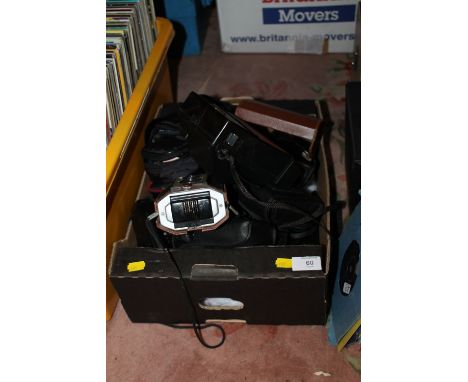 A TRAY OF VINTAGE CAMERAS ETC