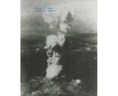 WW2. B-29 Enola Gay Tail Gunner George R Caron Signed 10 x 8 inch Hiroshima Bombing Black and White Glossy Photo. Signed in b