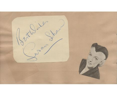 Susan Shaw signed autograph small white card include a black and white small cut out picture fix to light brown page, was an 