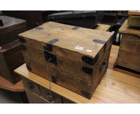 Wooden and iron bound trunk with key