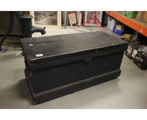 Vintage black wooden tool chest, dated 1910 to the lock