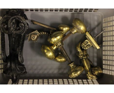 Three vintage door knockers to include cast iron and brass, plus three pairs of brass door knobs