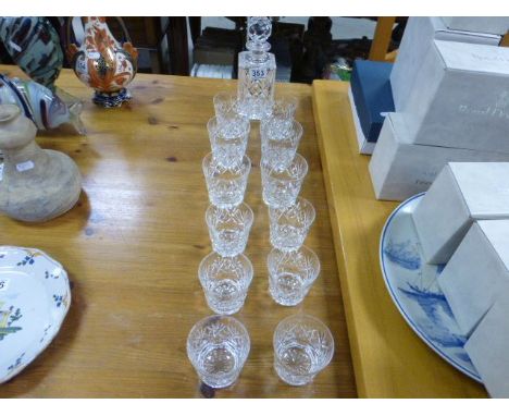 A Royal Doulton decanter, along with 12 glasses, each with a etched mark
