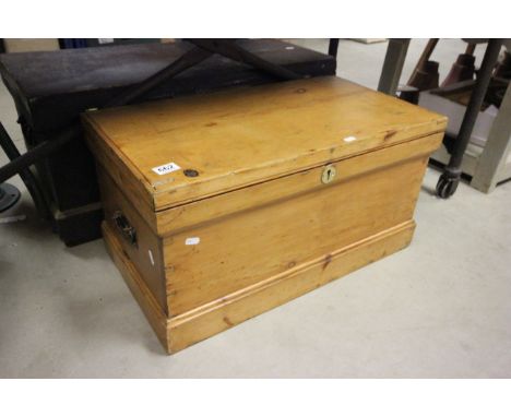 Vintage pine tool box with various vintage tools including saws, chisels, tape measure, hammers