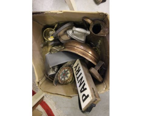 Large box of mixed vintage metalware to include; flat irons, cutlery, copper jug, horse brass