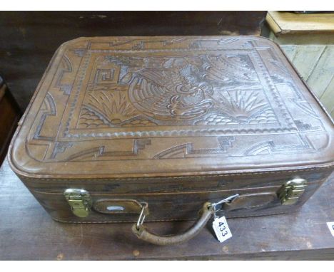 Vintage leather vanity type suitcase with embossed detail to the outside       