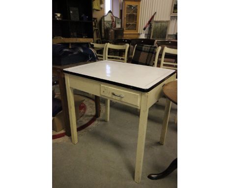 Vintage Kitchen Table with Enamel Top, integrated fold-away mangle and painted base