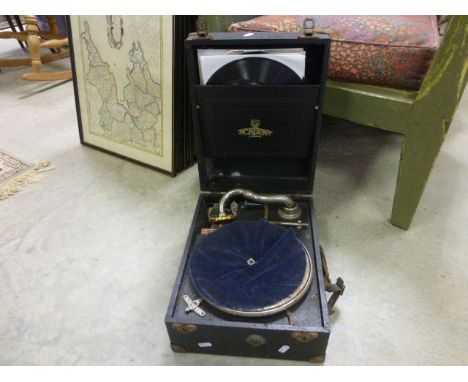 Portable Academy record player with records     