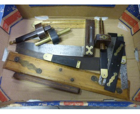 Box pf vintage tools to include; set squares, parallel rulers, etc  