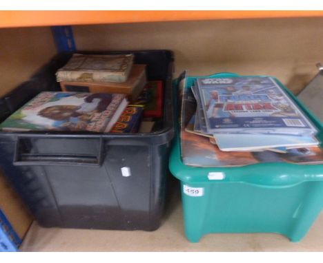 Large box of vintage comics, annuals and books plus another box of vintage newspapers including WW2 interest