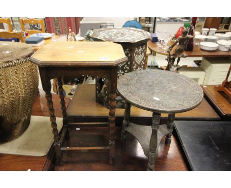 Oak Three Legged Table with Circular Carved Top together with another Oak Side Table with Bobbin Legs