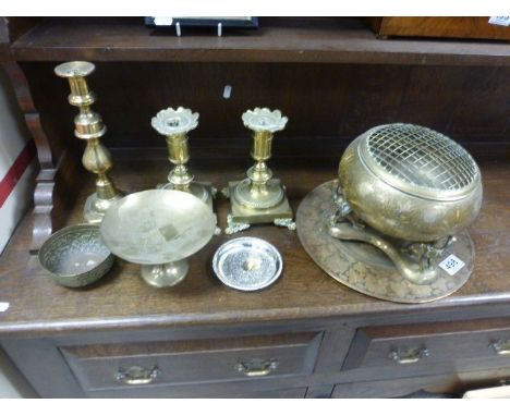 Group of Brassware including Pair Candlesticks, another Candlestick and Indian Brass