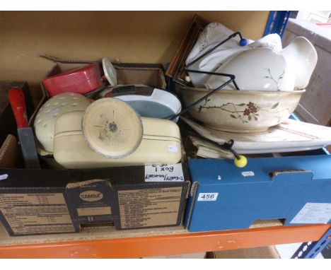 Two boxes of mixed items including Kitchenalia, jug and bowl set, scales, framed copper pictures