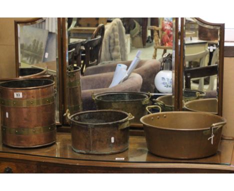 Three vintage copper items to include a brass banded coal or log bucket