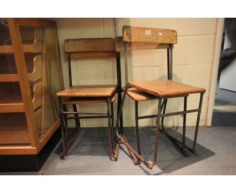 Set of Four Vintage School Chairs with Tubular Metal Frames and Oak Seats & Backrails