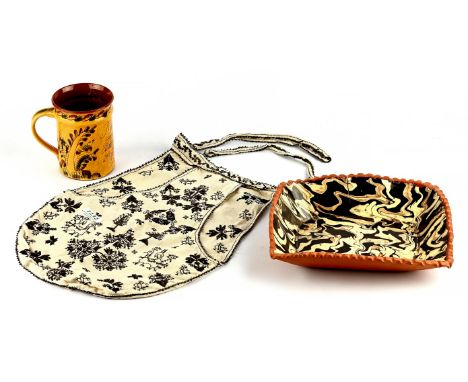 MARY WONDRAUSCH OBE (BRITISH, 1923-2016), A pottery slipware mug, decorated with branches and birds, with dedication, 13.3cm 