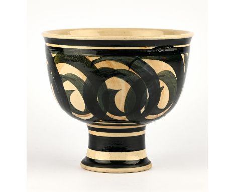 STYLE OF ALAN CAIGER-SMITH, a tall pedestal bowl, decorated with green brush work lines, incised initials DW, 19.5cm high x 2