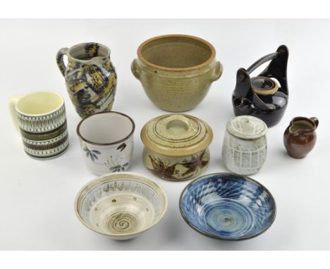 DAVID LEACH, a pottery jug, impressed mark, 8.5cm high, together with a tenmoku pottery tea pot and cover, bearing a seal mar