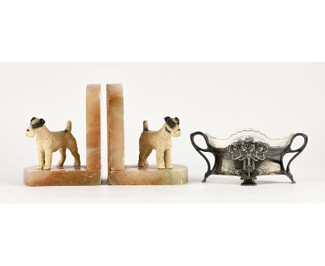 WMF, a pewter flower vase, with two handles, moulded with stylised flowers, marked B WMF AS to the foot, with a glass liner, 