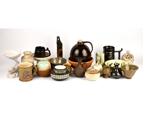 VARIOUS MAKERS, Angela Griffiths, pierced pottery jar, 12cm high, a Langrigg brown bowl, a large bottle flask, with tenmoku g