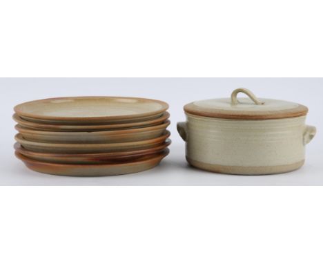 WINCHCOMBE POTTERY, six stoneware dinner plates, impressed marks to rims, 27.5cm diameter, together with pale celadon glazed 