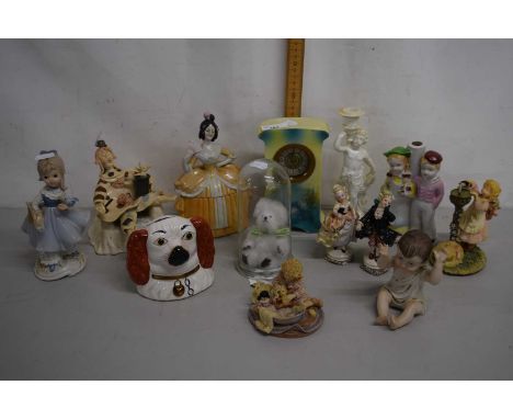 Mixed Lot: Various assorted figurines, porcelain cased mantel clock and other items